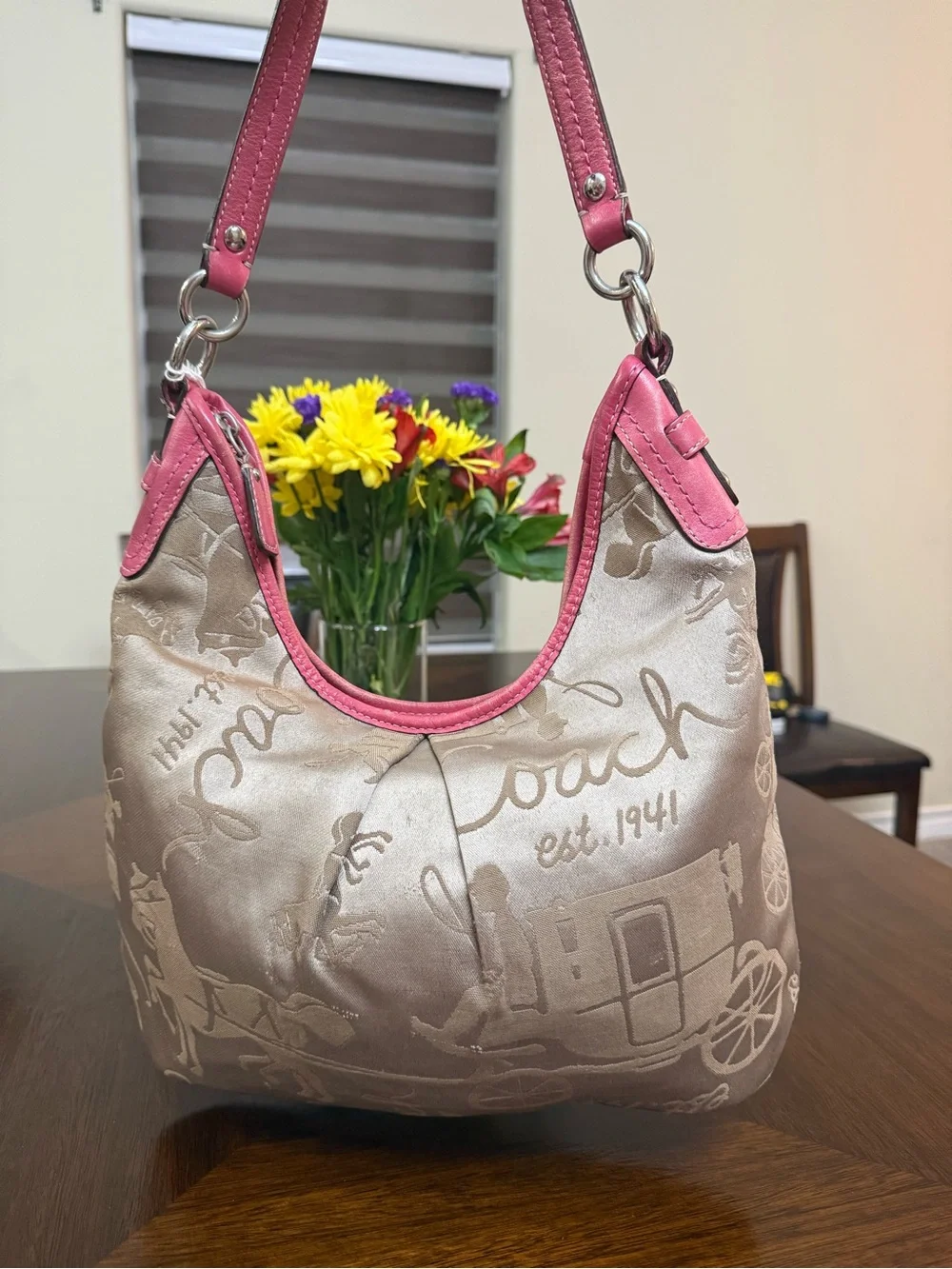 Coach Taupe Jacquard Hobo with Pink Trim